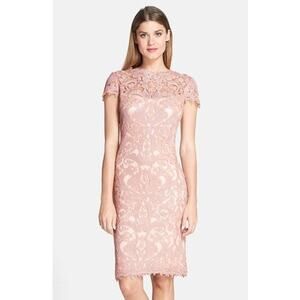 Tadashi Shoji Illusion Yoke Lace Sheath Mini Dress Pink Size 10